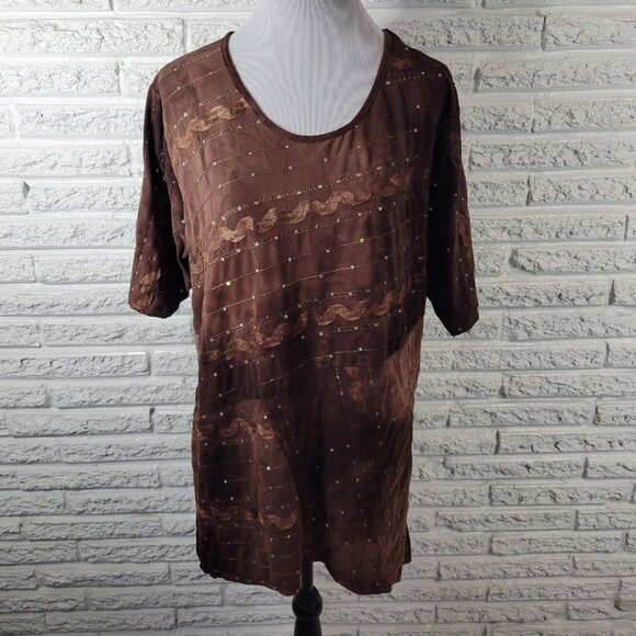 Shannon Ford Womens Top 2X Plus Tunic Brown Asymmetric Sequins Poly Blend BRO13E - Picture 1 of 9